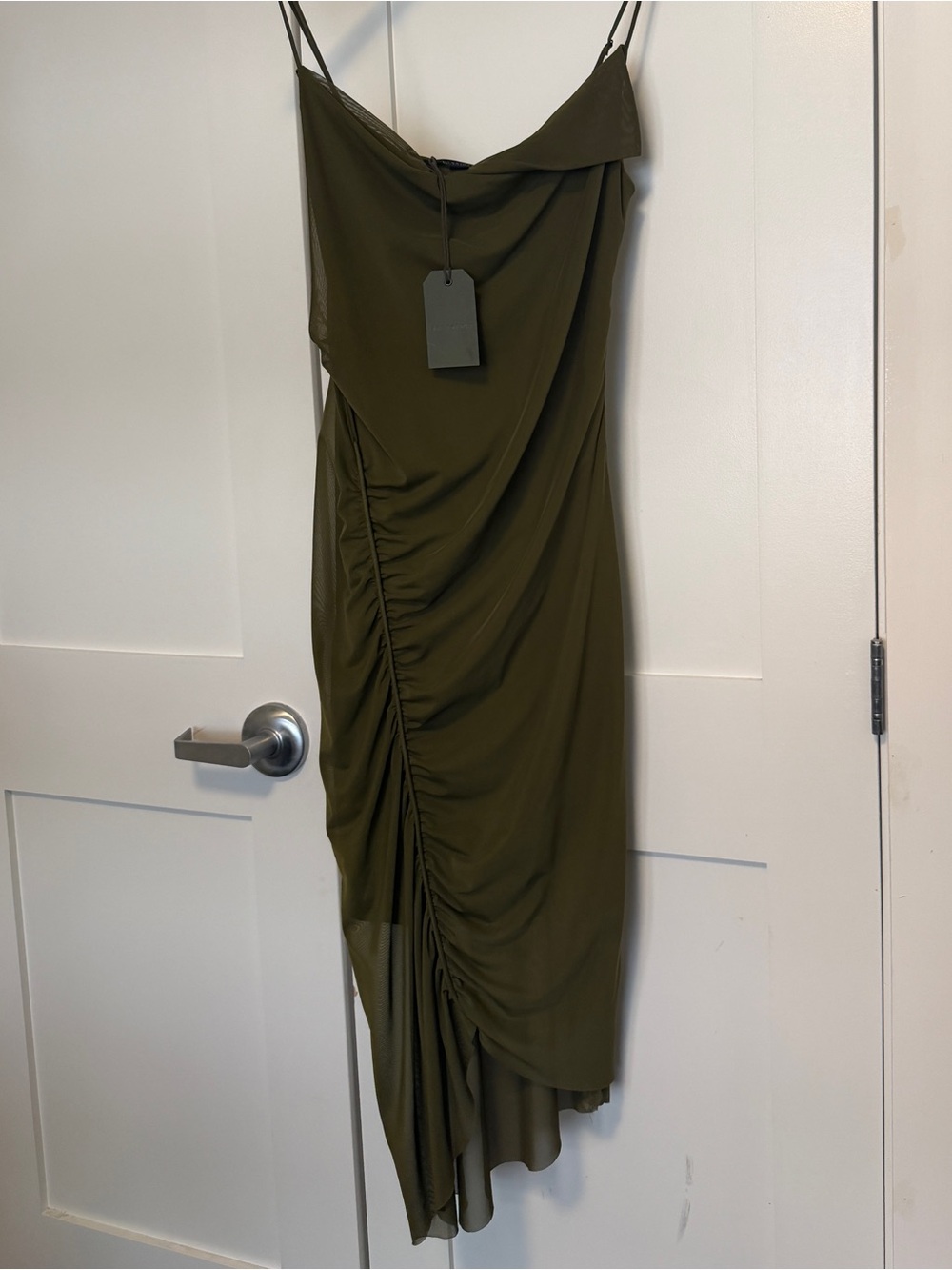 Olive Green Ruched Slip Dress with Asymmetric Hem